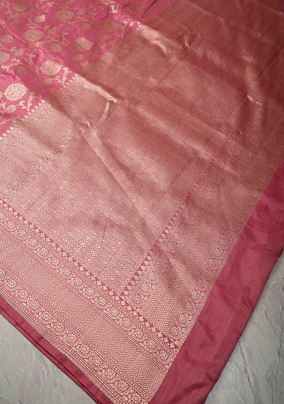 Rose Pink Banarasi Katan Silk Saree with Floral Brocade jaal and Zari Border | SILK MARK CERTIFIED