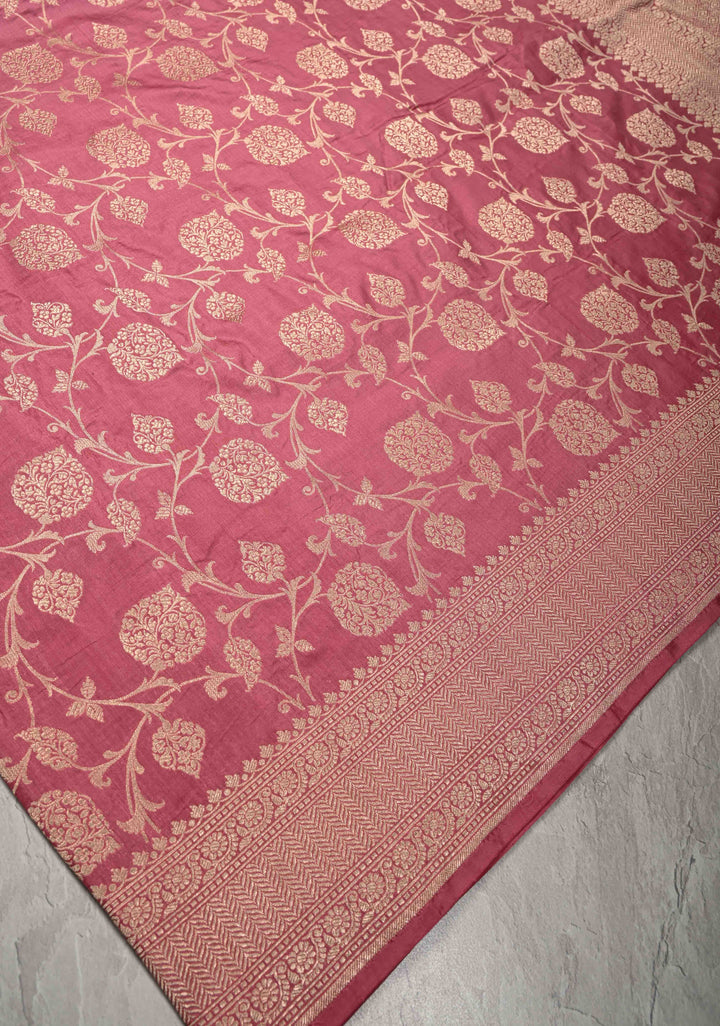 Rose Pink Banarasi Katan Silk Saree with Floral Brocade jaal and Zari Border | SILK MARK CERTIFIED