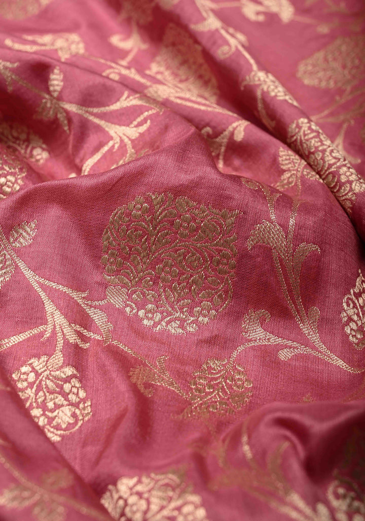 Rose Pink Banarasi Katan Silk Saree with Floral Brocade jaal and Zari Border | SILK MARK CERTIFIED