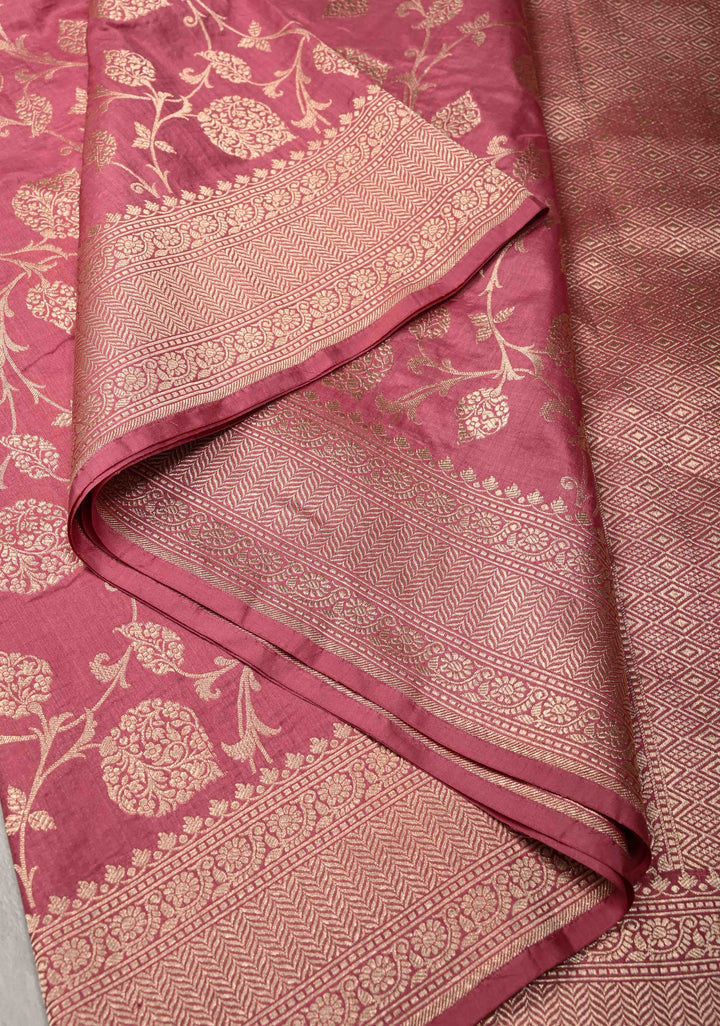 Rose Pink Banarasi Katan Silk Saree with Floral Brocade jaal and Zari Border | SILK MARK CERTIFIED