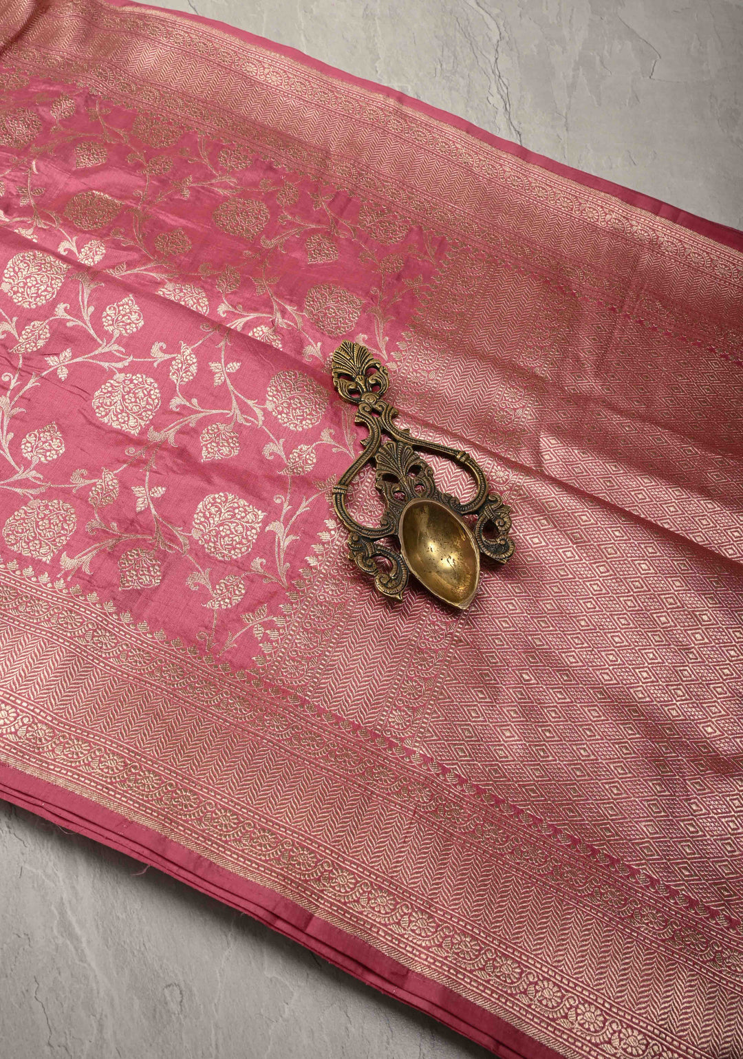 Rose Pink Banarasi Katan Silk Saree with Floral Brocade jaal and Zari Border | SILK MARK CERTIFIED
