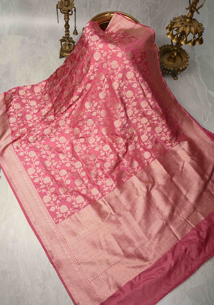 Rose Pink Banarasi Katan Silk Saree with Floral Brocade jaal and Zari Border | SILK MARK CERTIFIED