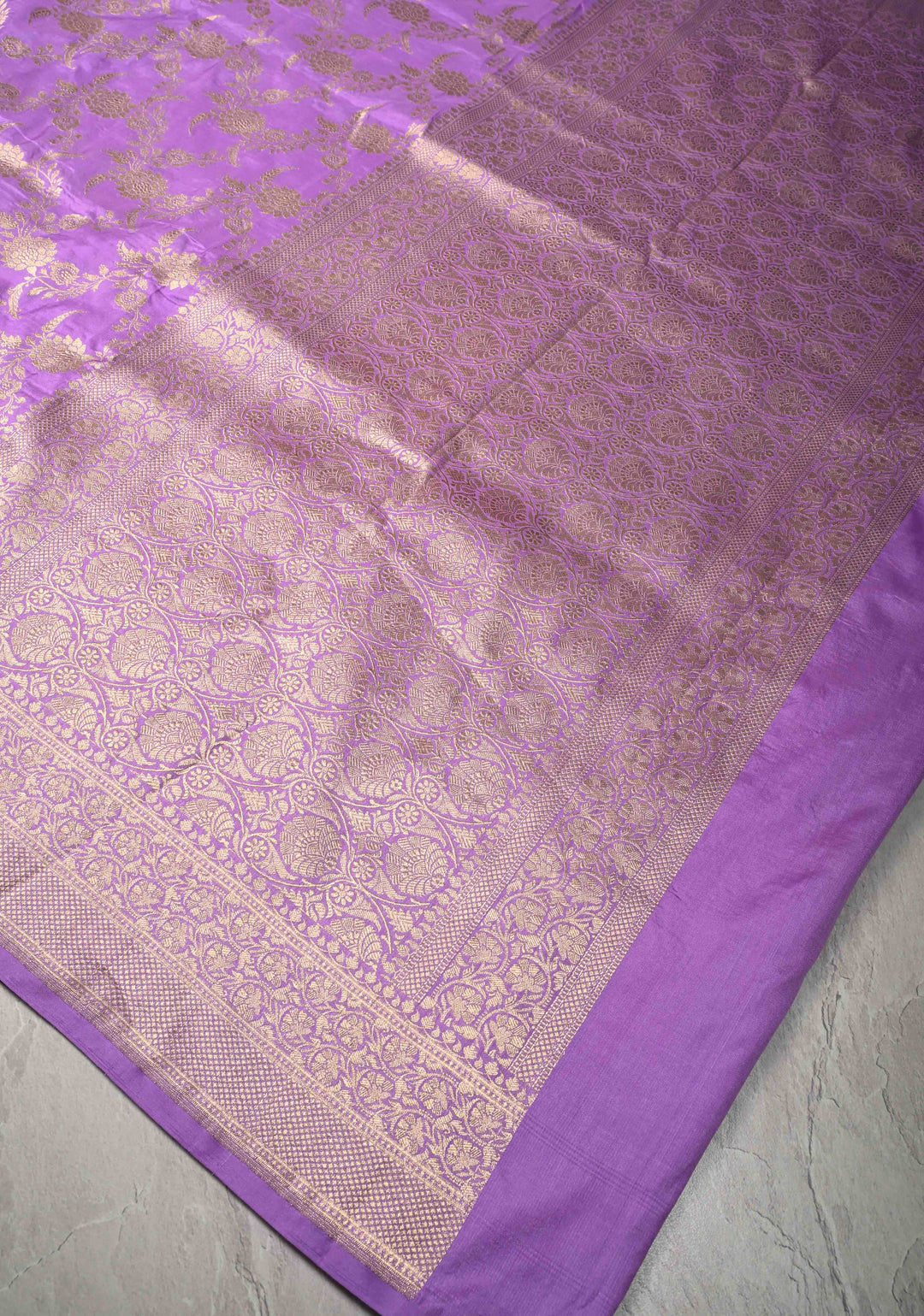 Lavender Banarasi Katan Silk Saree with Floral Brocade Jaal and Zari Border | SILK MARK CERTIFIED