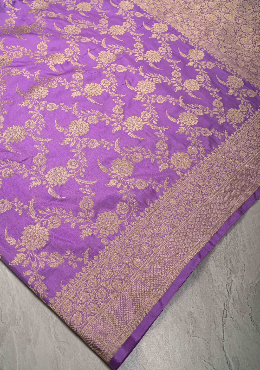 Lavender Banarasi Katan Silk Saree with Floral Brocade Jaal and Zari Border | SILK MARK CERTIFIED
