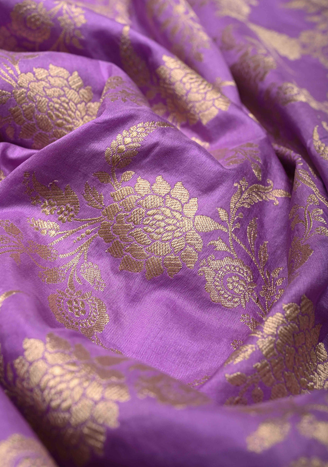 Lavender Banarasi Katan Silk Saree with Floral Brocade Jaal and Zari Border | SILK MARK CERTIFIED