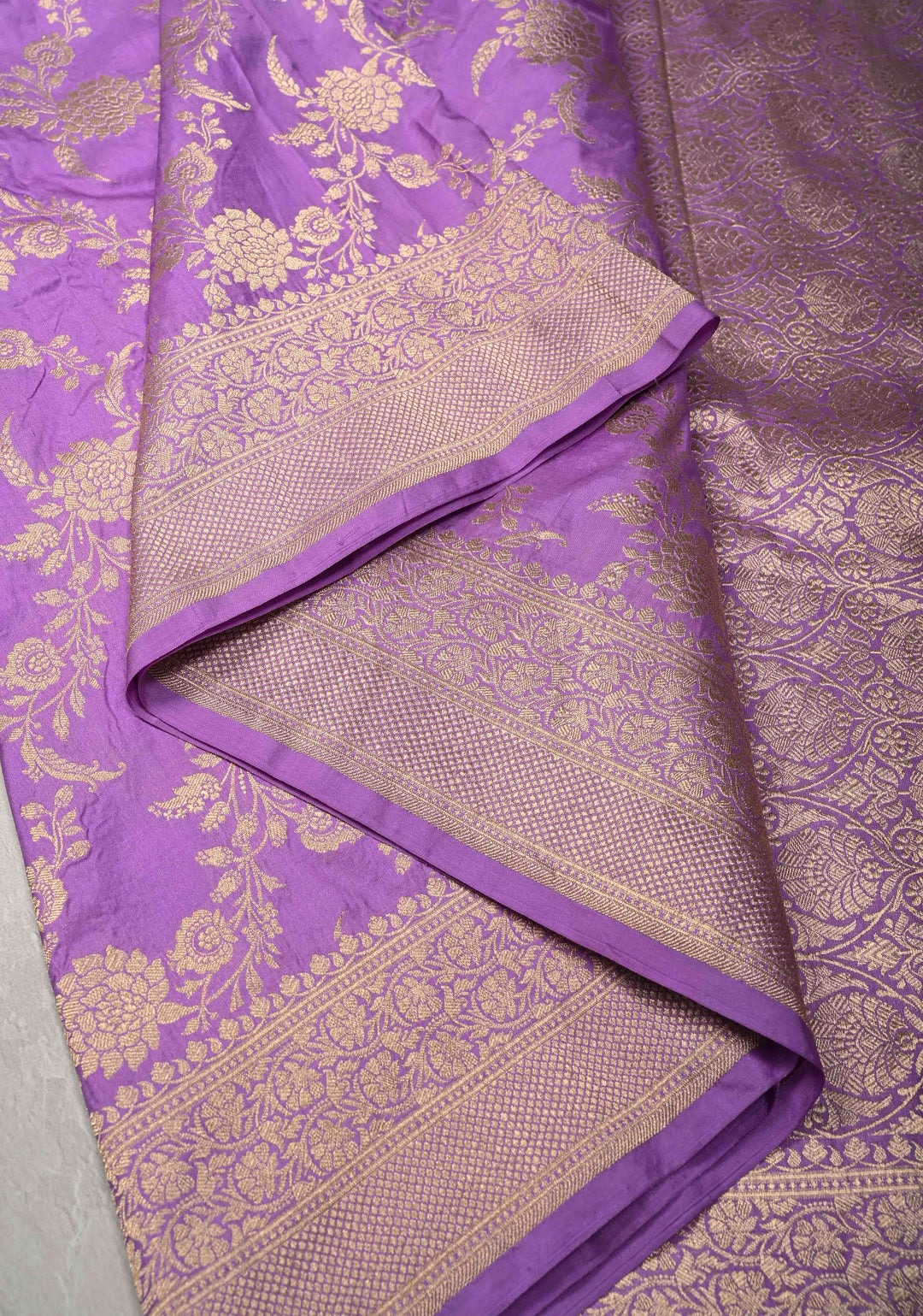 Lavender Banarasi Katan Silk Saree with Floral Brocade Jaal and Zari Border | SILK MARK CERTIFIED