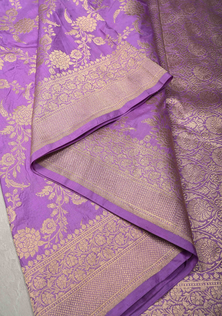 Lavender Banarasi Katan Silk Saree with Floral Brocade Jaal and Zari Border | SILK MARK CERTIFIED