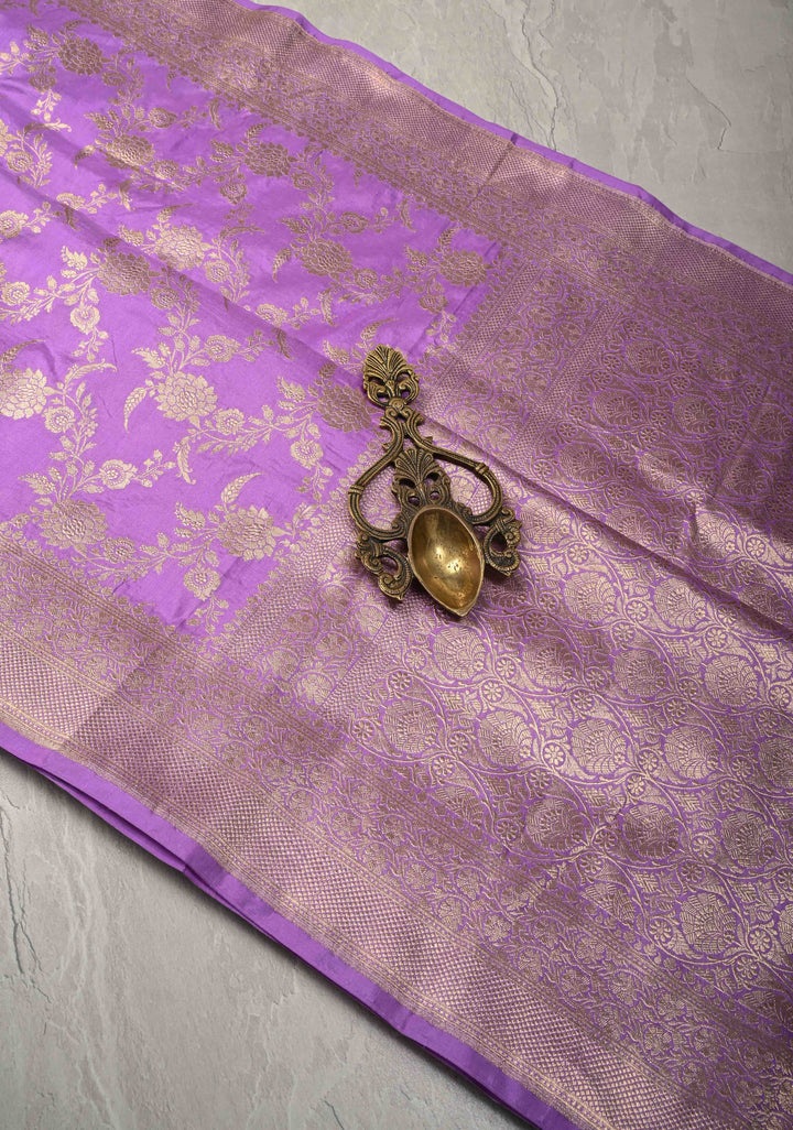 Lavender Banarasi Katan Silk Saree with Floral Brocade Jaal and Zari Border | SILK MARK CERTIFIED