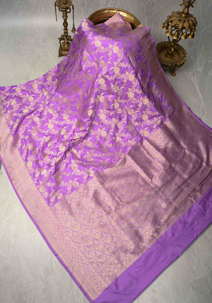 Lavender Banarasi Katan Silk Saree with Floral Brocade Jaal and Zari Border | SILK MARK CERTIFIED