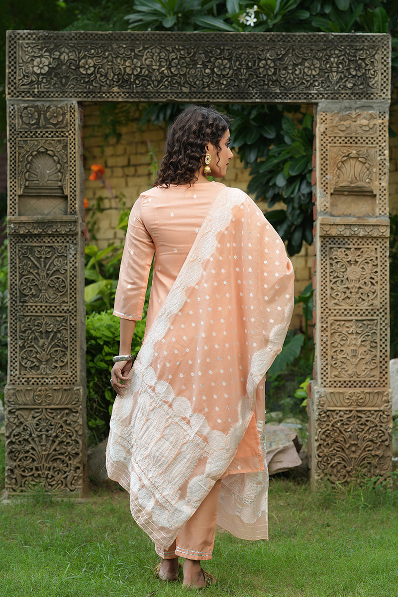 Peach Poly Chanderi Ethnic Motifs Straight Suit Set  | SHOBITAM