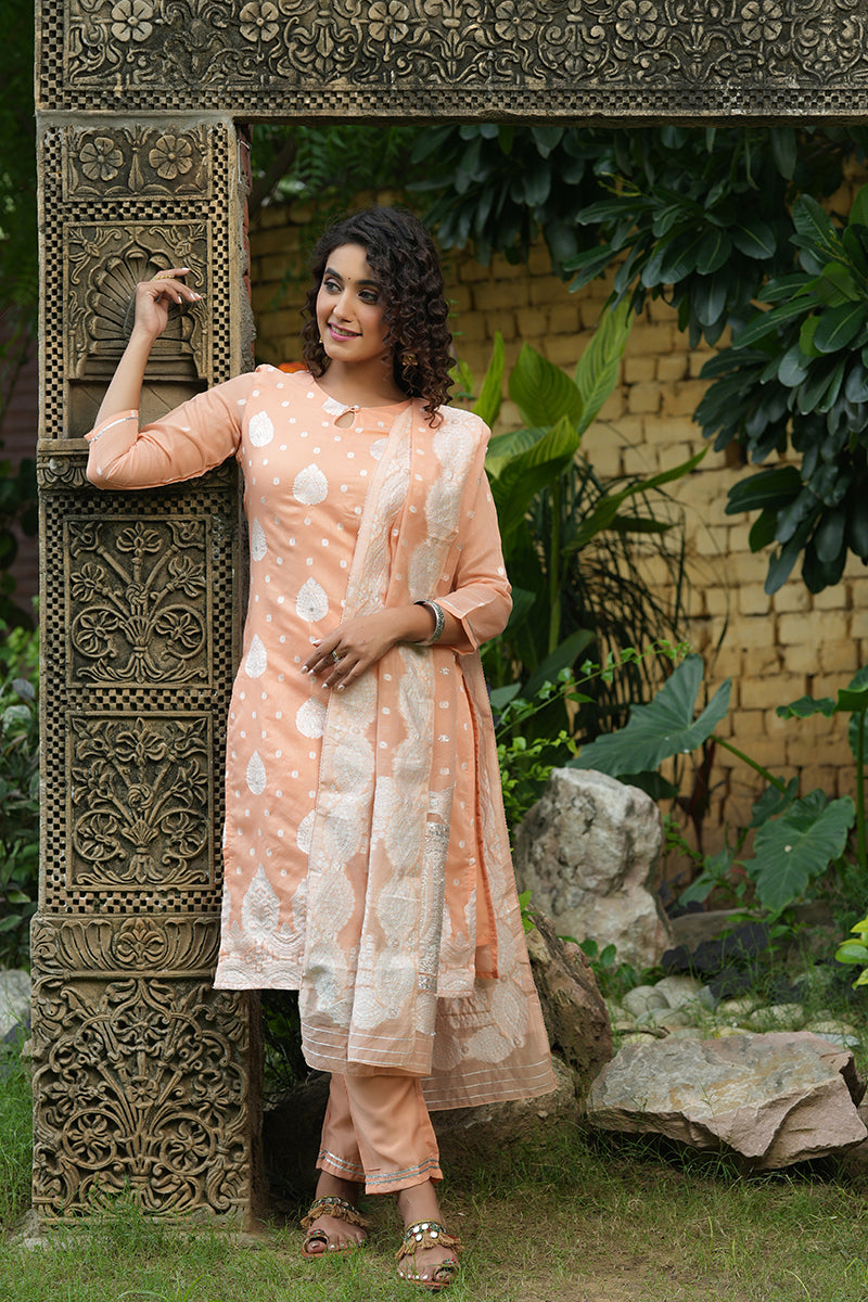 Peach Poly Chanderi Ethnic Motifs Straight Suit Set  | SHOBITAM