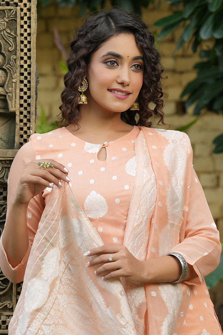 Peach Poly Chanderi Ethnic Motifs Straight Suit Set  | SHOBITAM