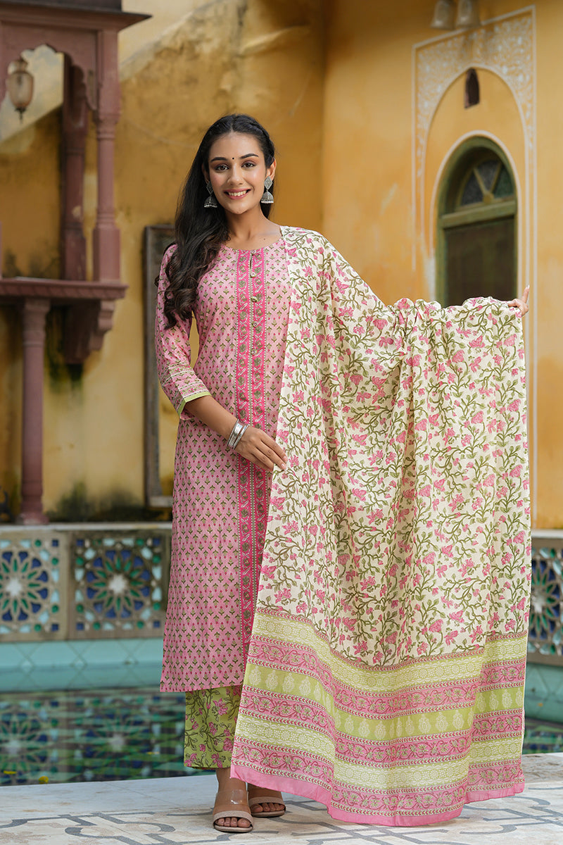 Pink Cotton Ethnic Motifs Printed Suit Set | SHOBITAM