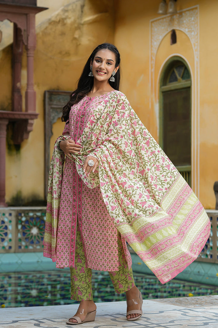 Pink Cotton Ethnic Motifs Printed Suit Set | SHOBITAM