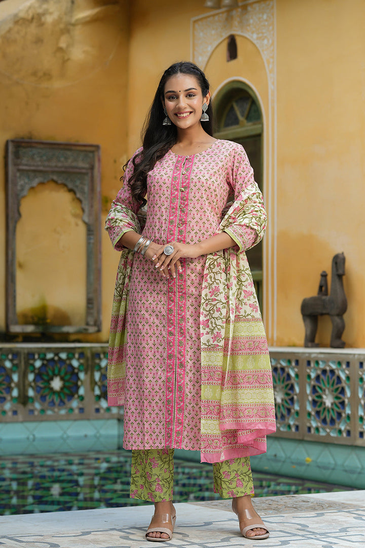Pink Cotton Ethnic Motifs Printed Suit Set | SHOBITAM