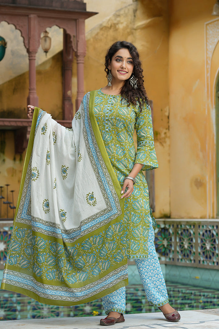 Green Pure Cotton Straight Suit Set   | SHOBITAM