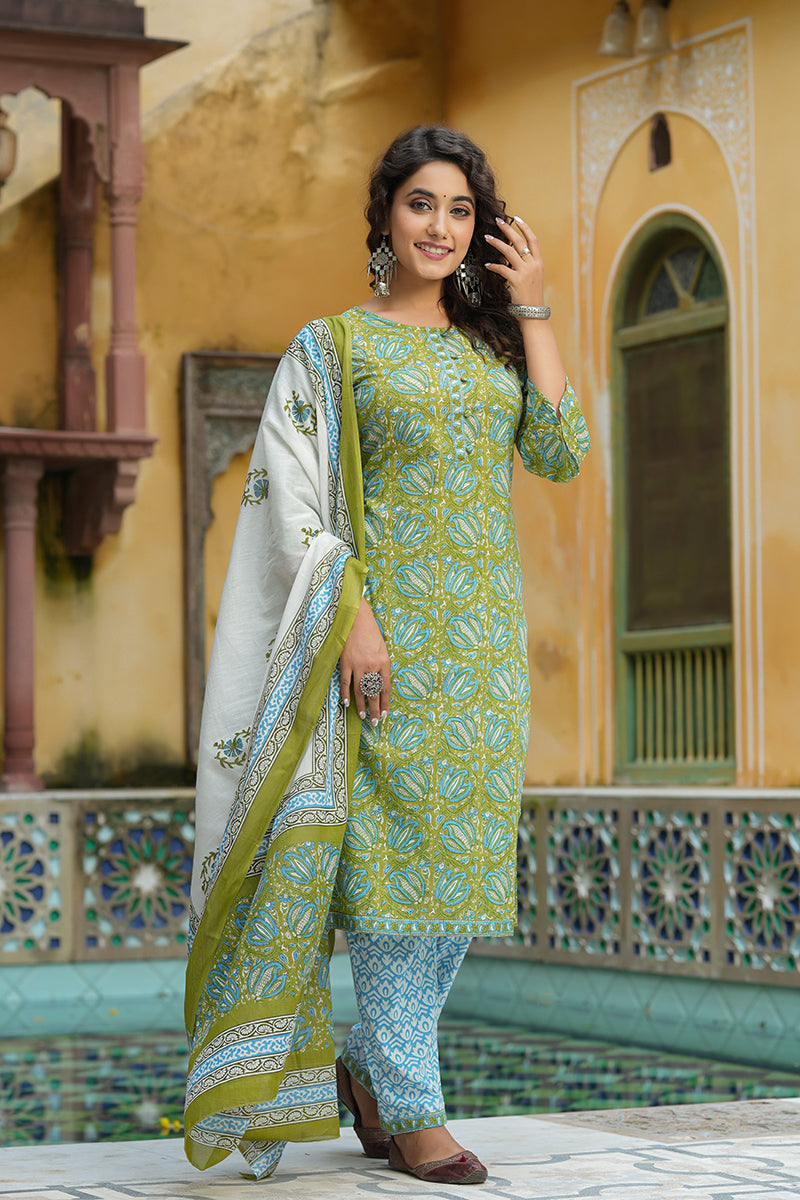 Green Pure Cotton Straight Suit Set   | SHOBITAM