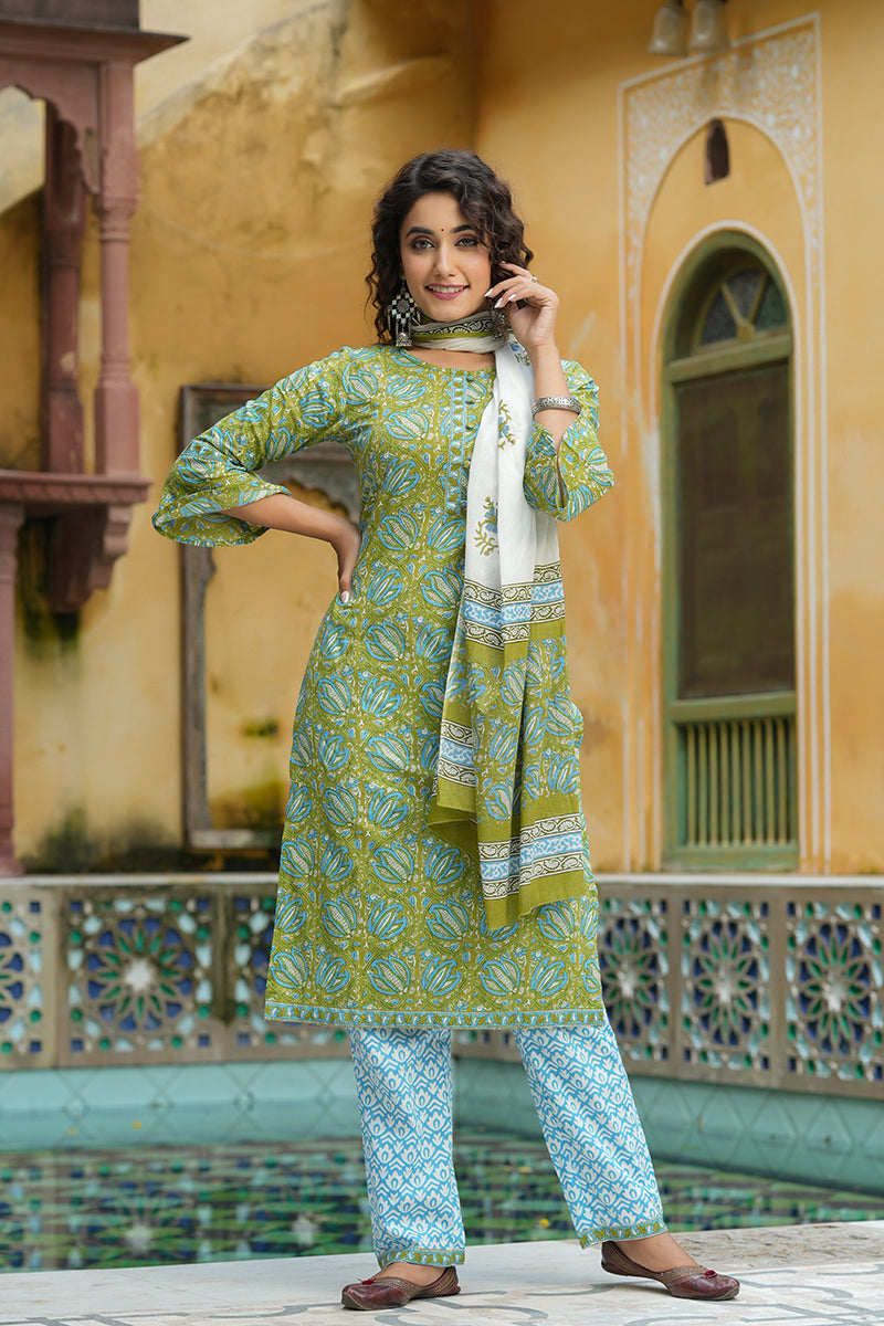 Green Pure Cotton Straight Suit Set   | SHOBITAM