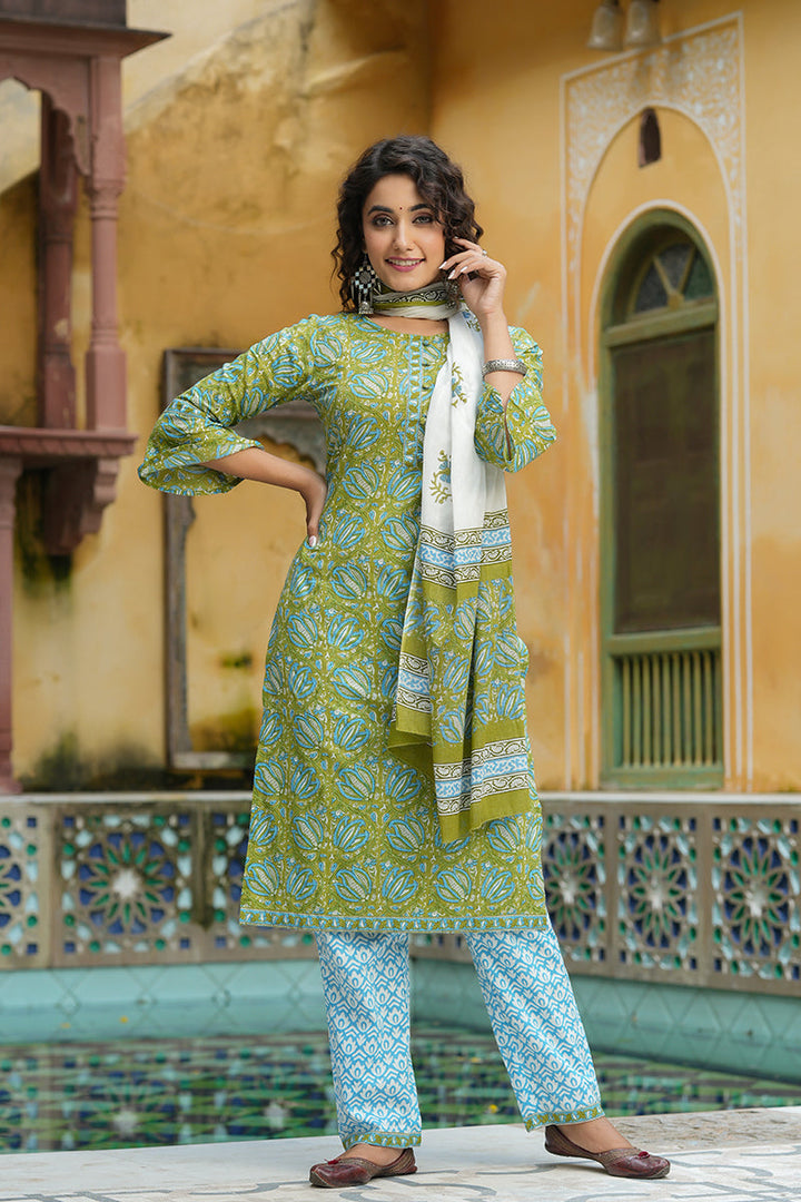 Green Pure Cotton Straight Suit Set   | SHOBITAM