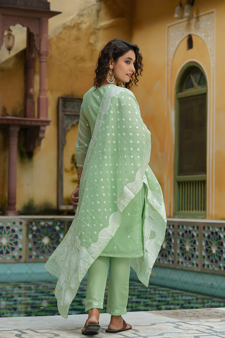 Light Green Poly Chanderi Ethnic Motifs Straight Suit Set | SHOBITAM