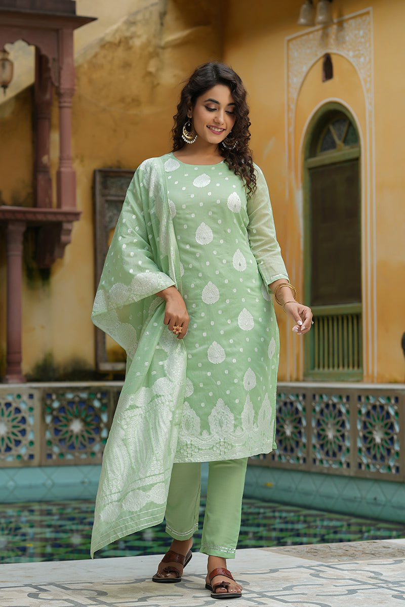 Light Green Poly Chanderi Ethnic Motifs Straight Suit Set | SHOBITAM