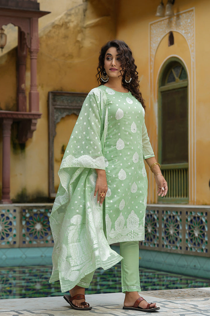 Light Green Poly Chanderi Ethnic Motifs Straight Suit Set | SHOBITAM