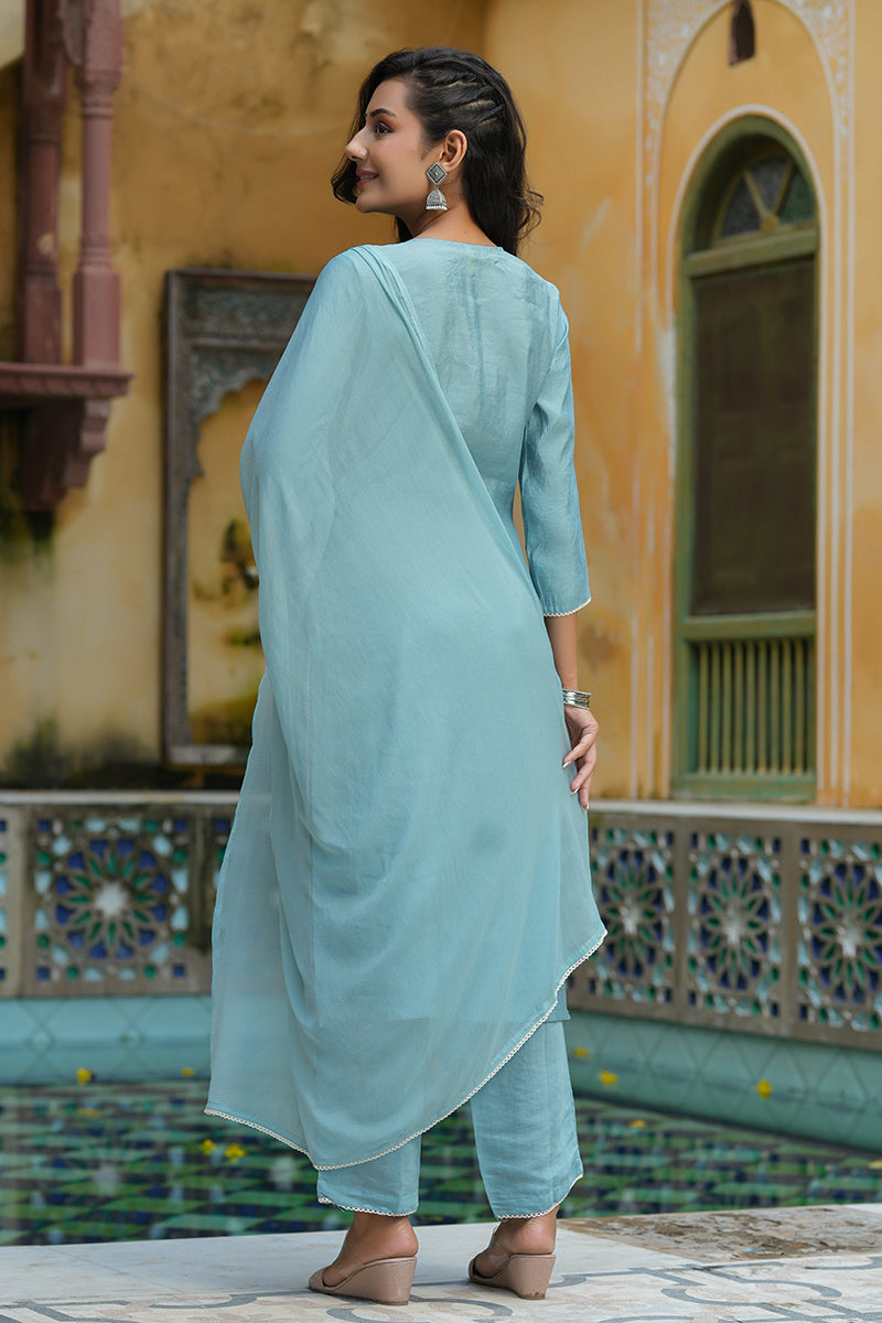 Grey Poly Silk Embroidered Straight Suit Set  | SHOBITAM