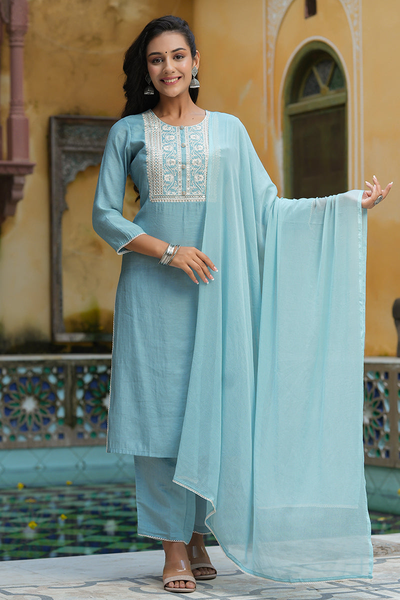 Grey Poly Silk Embroidered Straight Suit Set  | SHOBITAM