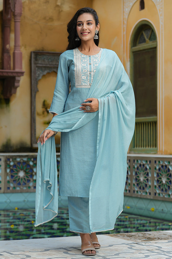 Grey Poly Silk Embroidered Straight Suit Set  | SHOBITAM