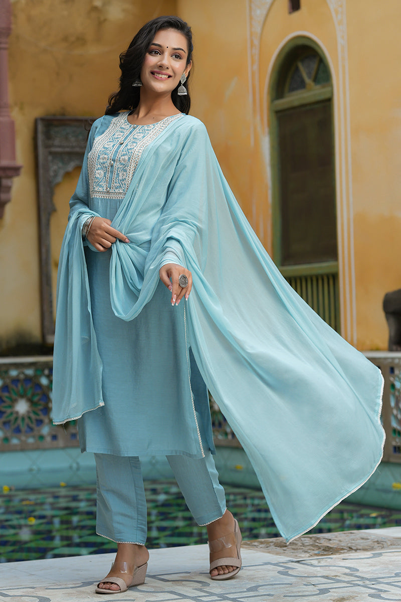 Grey Poly Silk Embroidered Straight Suit Set  | SHOBITAM