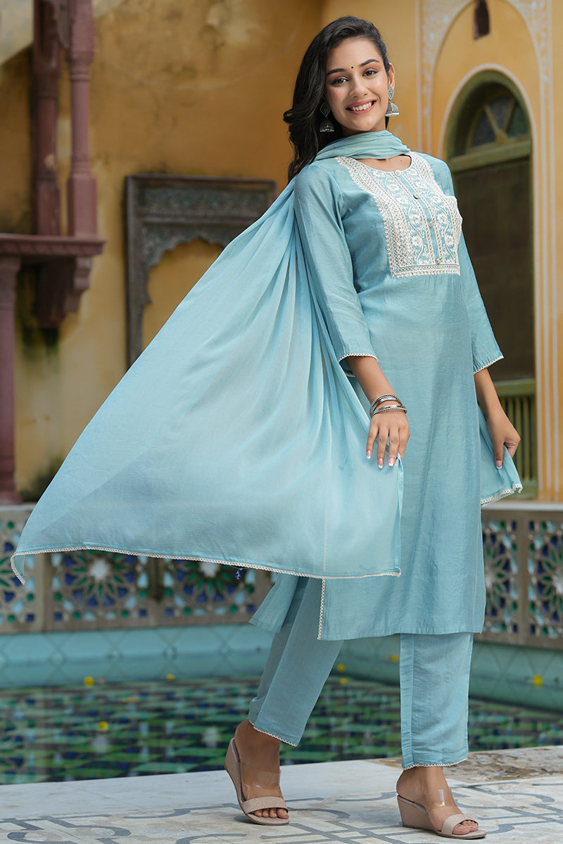 Grey Poly Silk Embroidered Straight Suit Set  | SHOBITAM