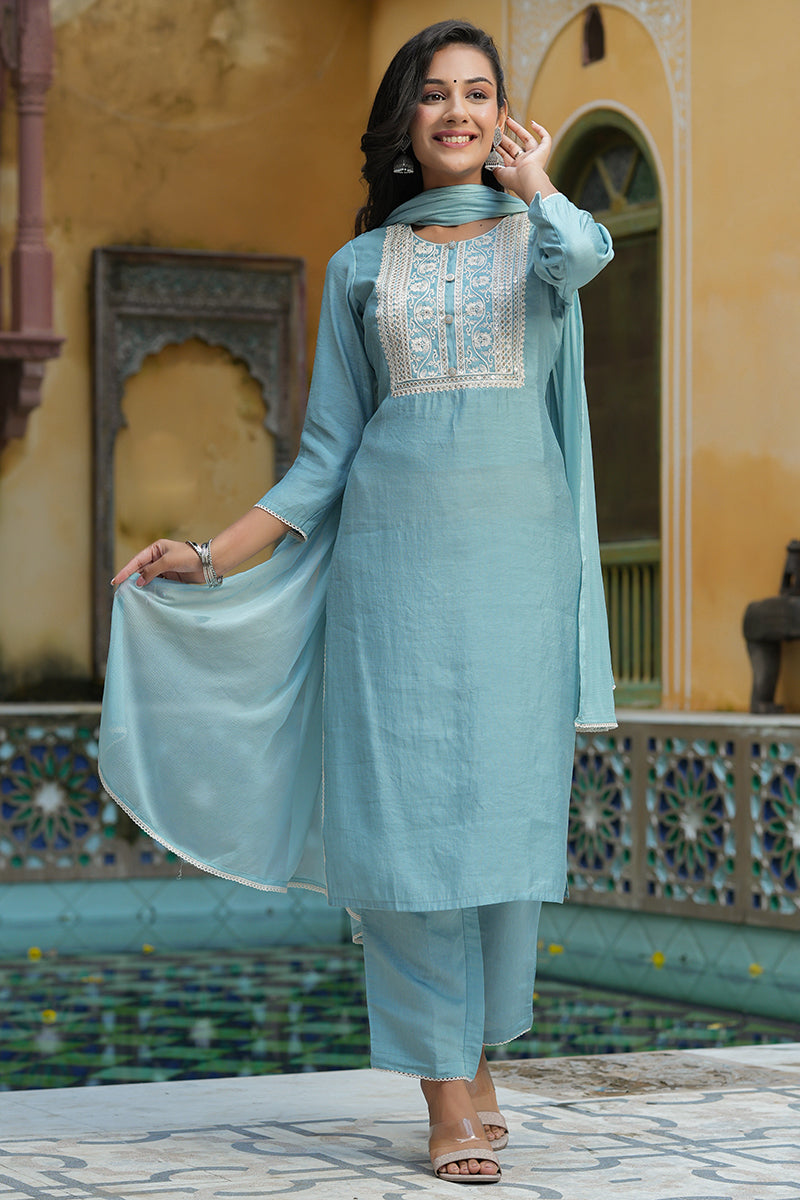 Grey Poly Silk Embroidered Straight Suit Set  | SHOBITAM