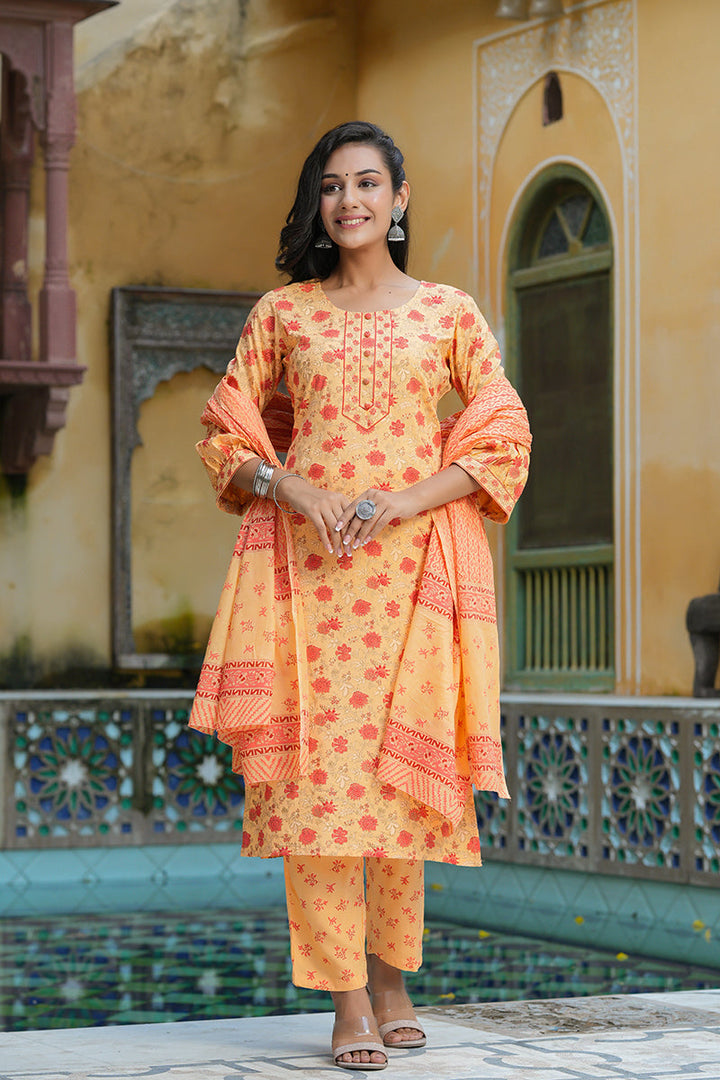 Orange Pure Cotton Straight Kurta Pant With Dupatta   | SHOBITAM