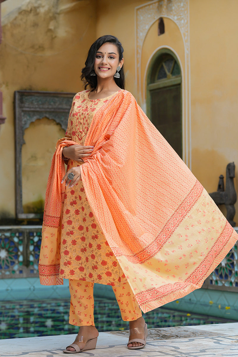 Orange Pure Cotton Straight Kurta Pant With Dupatta   | SHOBITAM