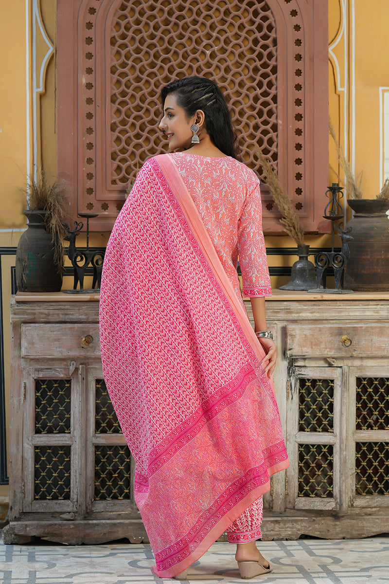 Pink Cotton Embroidered Work Straight Suit Set | SHOBITAM