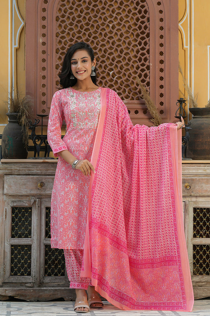 Pink Cotton Embroidered Work Straight Suit Set | SHOBITAM