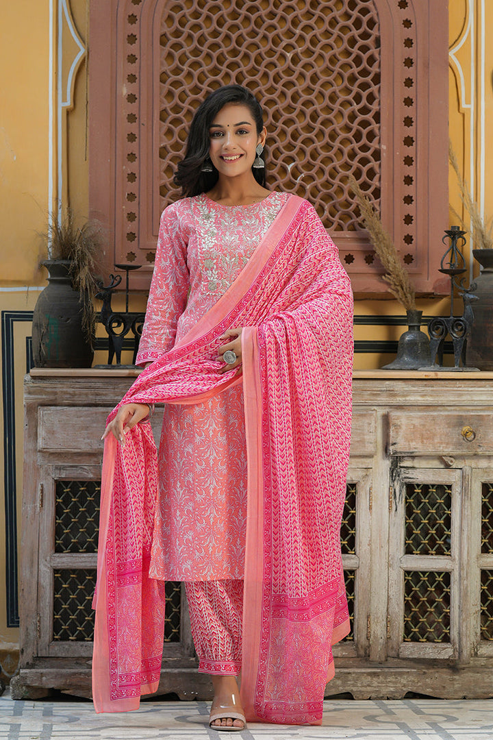 Pink Cotton Embroidered Work Straight Suit Set | SHOBITAM