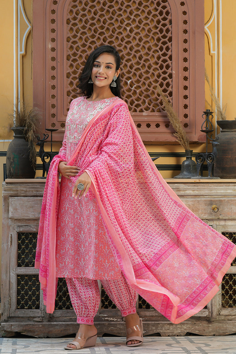 Pink Cotton Embroidered Work Straight Suit Set | SHOBITAM