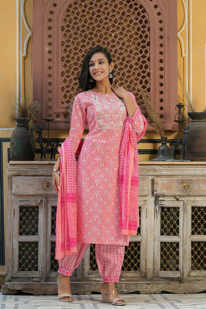 Pink Cotton Embroidered Work Straight Suit Set | SHOBITAM