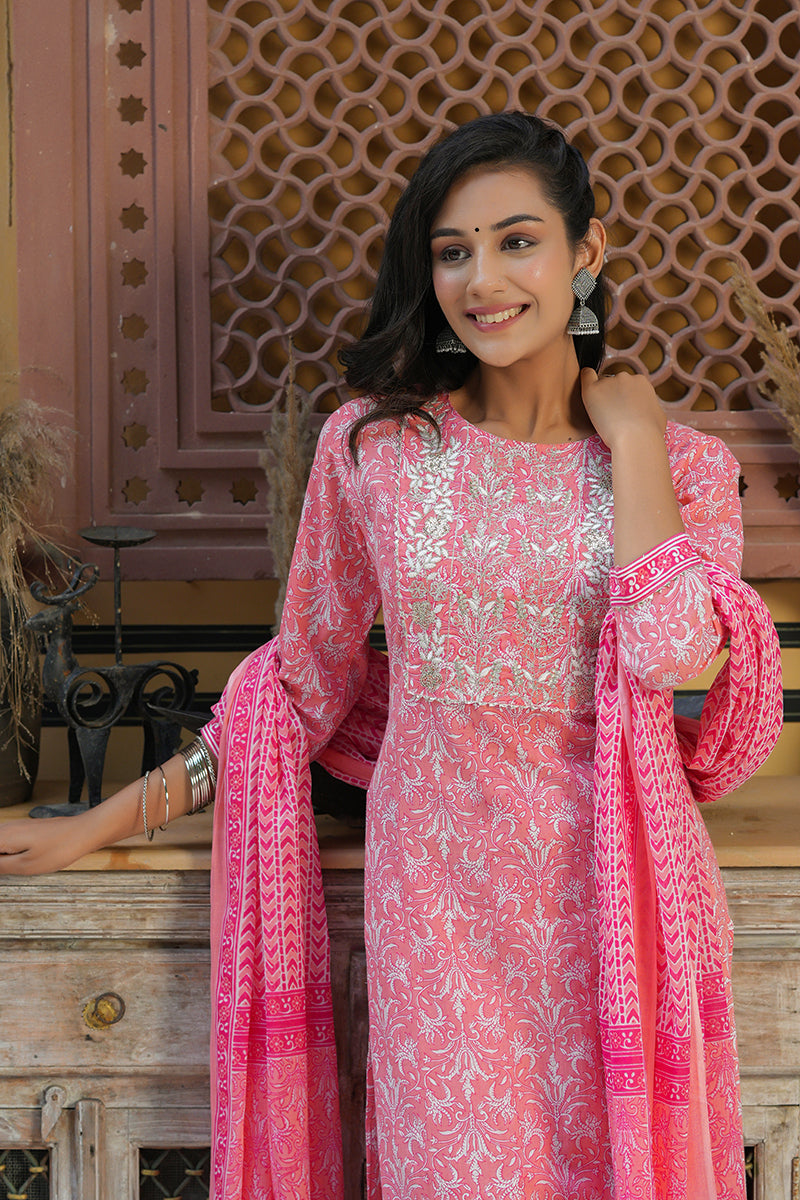 Pink Cotton Embroidered Work Straight Suit Set | SHOBITAM