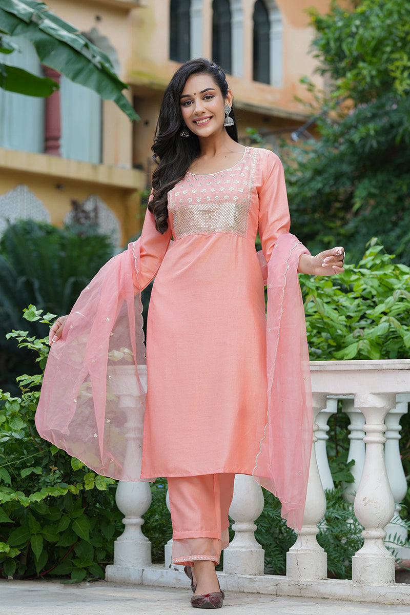 Peach Poly Silk Solid Sequin Straight Suit Set | SHOBITAM