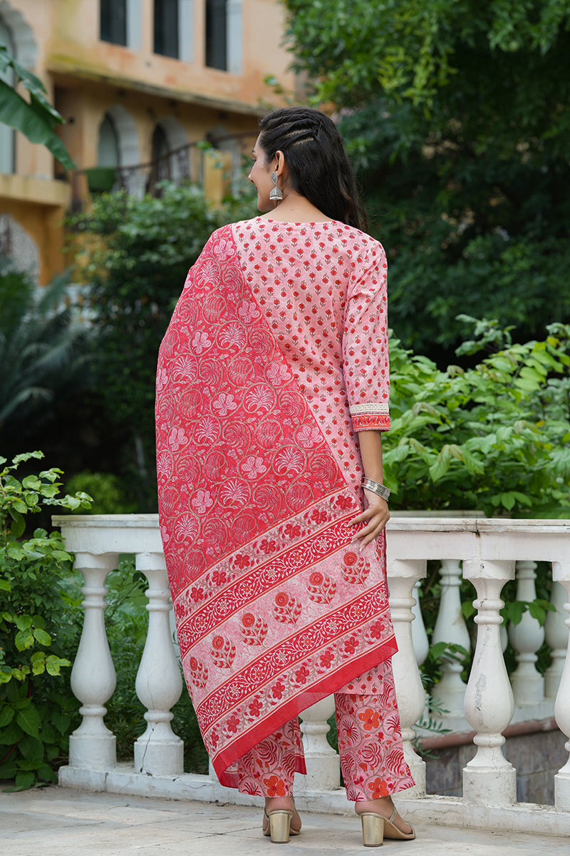 Pink Cotton Straight Suit Set | SHOBITAM