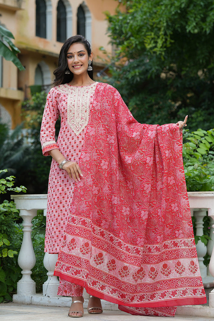 Pink Cotton Straight Suit Set | SHOBITAM