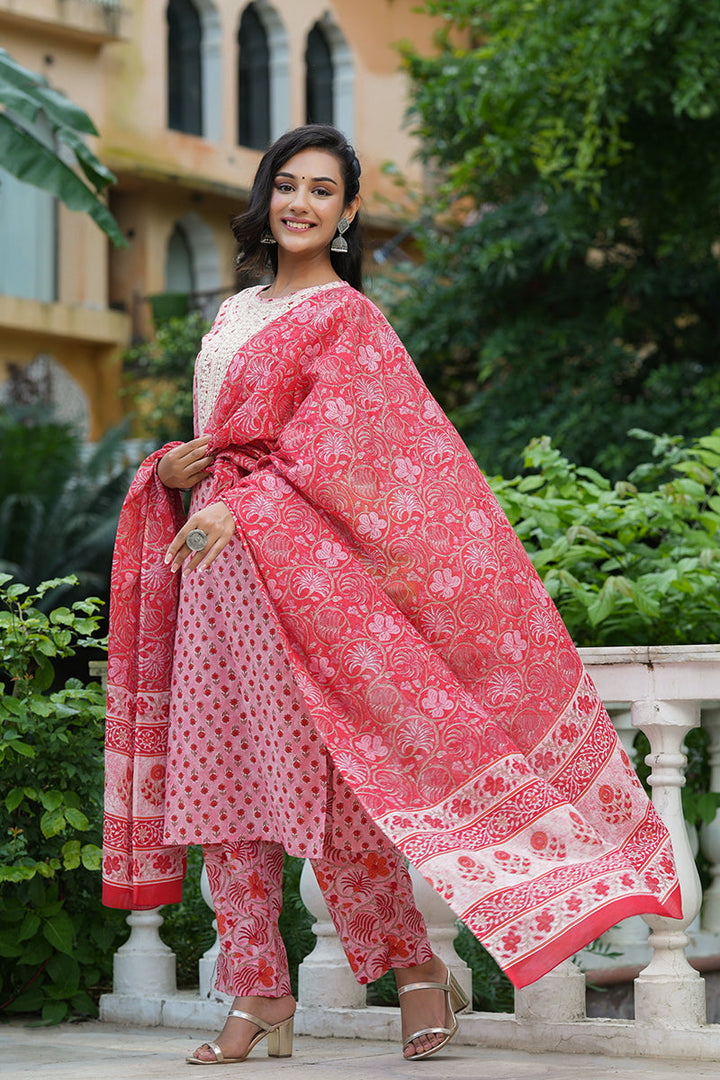 Pink Cotton Straight Suit Set | SHOBITAM