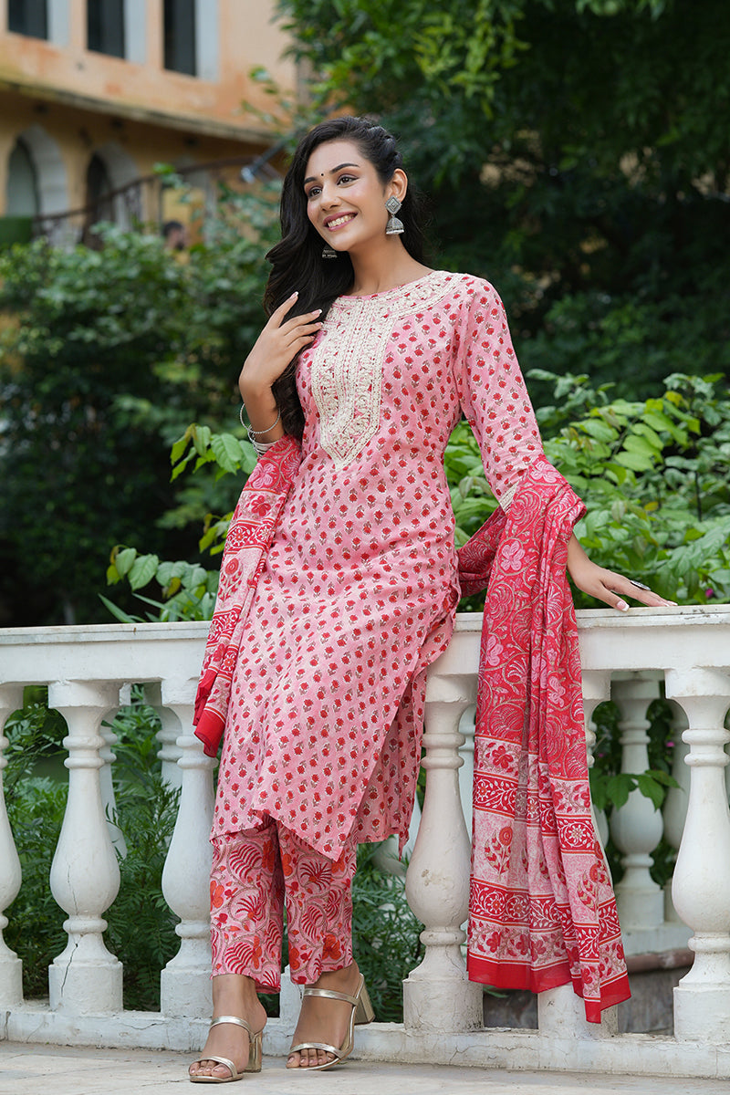 Pink Cotton Straight Suit Set | SHOBITAM