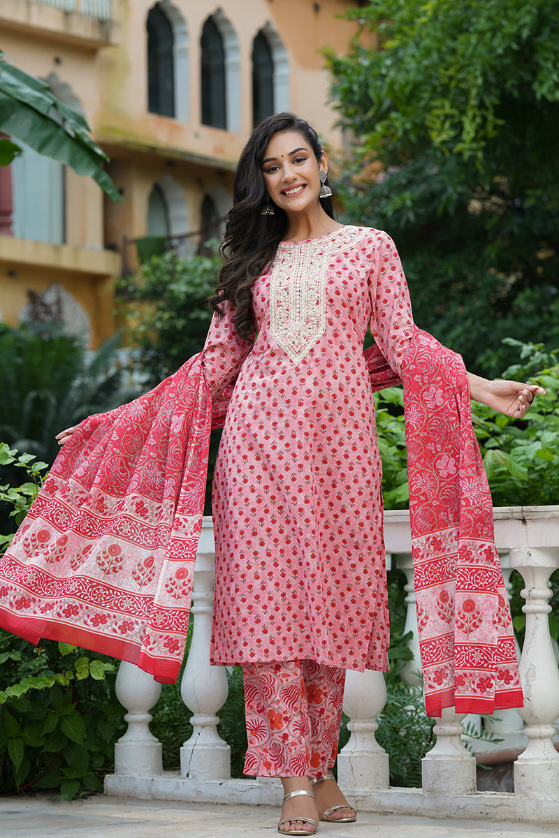 Pink Cotton Straight Suit Set | SHOBITAM