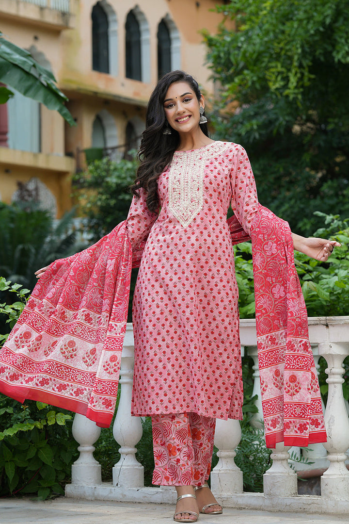 Pink Cotton Straight Suit Set | SHOBITAM