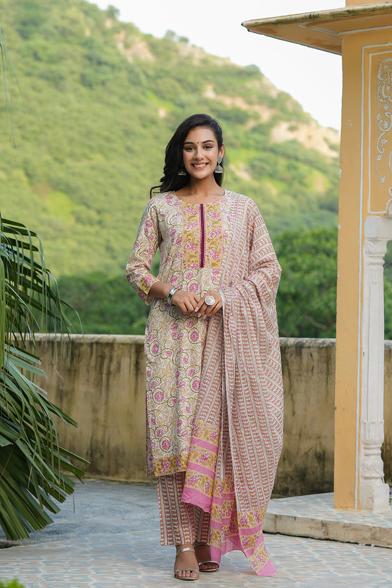 White Cotton Ethnic Motifs Printed Straight Suit Set | SHOBITAM
