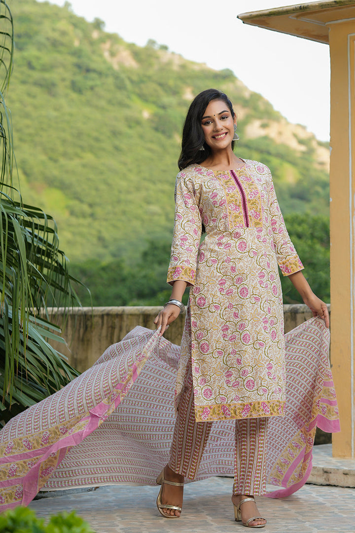 White Cotton Ethnic Motifs Printed Straight Suit Set | SHOBITAM