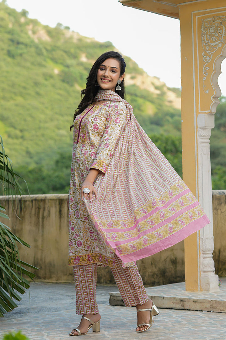 White Cotton Ethnic Motifs Printed Straight Suit Set | SHOBITAM